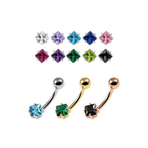 Collection of PBN1212 square princess-cut belly rings in silver, gold, and rose gold finishes with multi-color stones.