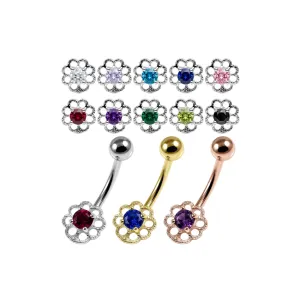 925 Sterling Silver Flower CZ Dangle Belly Button Ring – 14G | Titanium or Surgical Steel Bar