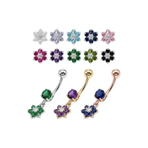 Collection of PBM2442 flower dangle belly button rings in silver gold and rose gold finishes with 10 CZ stone colors