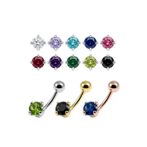 925 Sterling Silver Round CZ Belly Button Ring – 14G | Titanium or Surgical Steel Bar