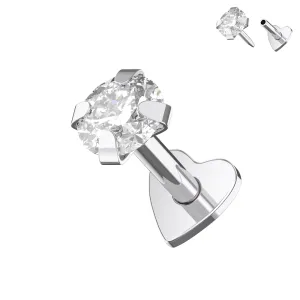925 Silver CZ Jeweled Push Fit top with Heart Base Labret