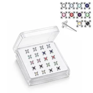 925 Silver Jeweled Beaded Cross Straight End Nose Stud Box (20pcs / 40pcs)