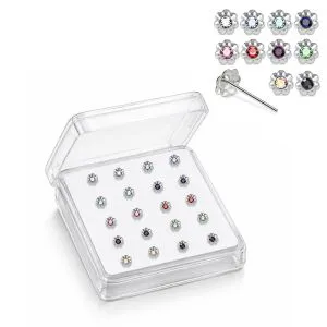 Professional wholesale display box of 925 sterling silver jeweled beaded flower rhinestone nose bone studs in assorted colors.