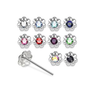 Assortment of rhinestone colors for 925 sterling silver jeweled beaded flower nose bone studs including clear, aqua, sapphire blue, pink, red, green, AB, and black.