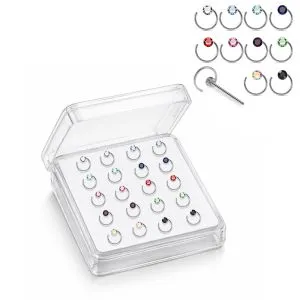 925 Silver Jeweled Bezel Hoop Straight End Nose Stud Box (20pcs / 40pcs)