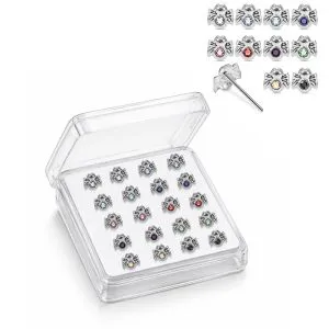 925 Silver Jeweled Bowknot Straight End Nose Stud Box (20pcs / 40pcs)