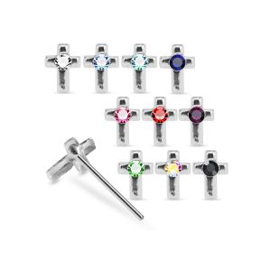Assortment of rhinestone colors for 925 sterling silver jeweled classic cross straight nose studs including clear, aqua, sapphire blue, pink, red, green, AB, and black.