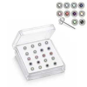 925 Silver Jeweled Concave Straight End Nose Stud Box (20pcs / 40pcs)