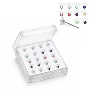 Professional wholesale display box of 925 sterling silver jeweled crown frame rhinestone straight nose studs in assorted colors.