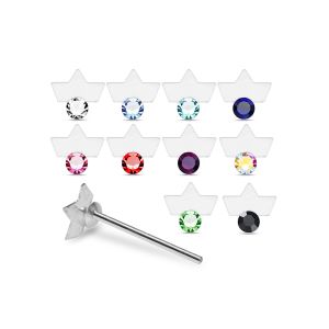 Assortment of rhinestone colors for 925 sterling silver jeweled crown frame straight nose studs including clear, aqua, sapphire blue, pink, red, green, AB, and black.