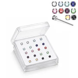 Professional wholesale display box of 925 sterling silver jeweled cup prong rhinestone straight nose studs in assorted colors.