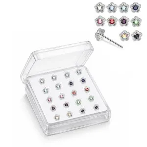 925 Silver Jeweled Daisy Straight End Nose Stud Box (20pcs / 40pcs)