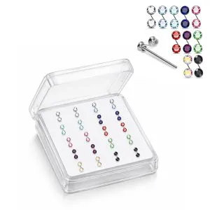 925 Silver Jeweled Double Bezel Straight End Nose Stud Box (20pcs / 40pcs)