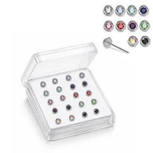 Professional wholesale display box of 925 sterling silver bezel-set round rhinestone nose pins in assorted colors
