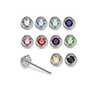 Assorted bezel-set round rhinestone nose pins in 925 sterling silver featuring multiple colors including blue, pink, red, green, black, and aurora borealis.