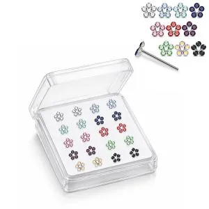 925 Silver Jeweled Flower Cluster Straight End Nose Stud Box (20pcs / 40pcs)