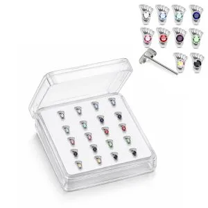 925 Silver Jeweled Footprint Straight End Nose Stud Box (20pcs / 40pcs)