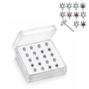 925 Silver Jeweled Maple Leaf Straight End Nose Stud Box (20pcs / 40pcs)