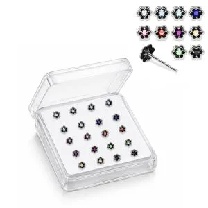 925 Sterling Silver Jeweled Petal Bloom Straight End Nose Stud Box (20pcs / 40pcs)