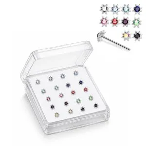 925 Silver Jeweled Petal Sun Straight End Nose Stud Box (20pcs / 40pcs)