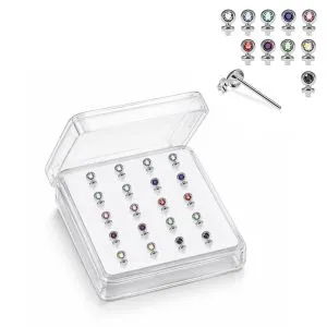 925 Silver Jeweled Round Bezel Straight End Nose Stud Box (20pcs / 40pcs)