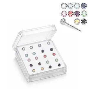 925 Silver Jeweled Round Prong Straight End Nose Stud Box (20pcs / 40pcs)