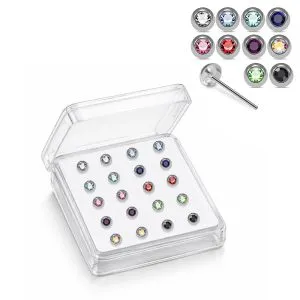 Professional wholesale display box of 925 sterling silver round bezel rhinestone nose studs in assorted colors.