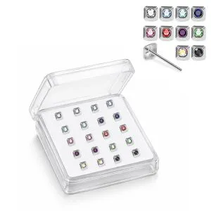 925 Silver Jeweled Square Frame Straight End Nose Stud Box (20pcs / 40pcs)