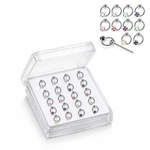 Professional wholesale display box of 925 sterling silver jeweled square prong rhinestone straight nose studs in assorted colors.