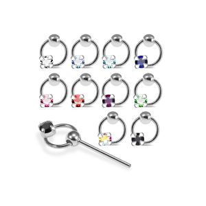 Assortment of rhinestone colors for 925 sterling silver jeweled square prong straight nose studs including clear, aqua, sapphire blue, pink, red, green, AB, and black.