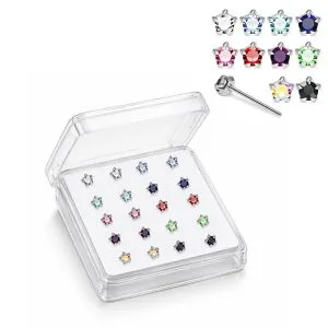925 Silver Jeweled Star Prong Straight End Nose Stud Box (20pcs / 40pcs)