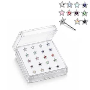 Professional wholesale display box of 925 sterling silver star rhinestone nose bone studs in assorted colors.