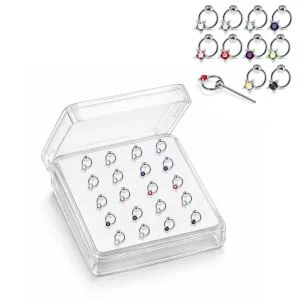 Professional wholesale display box of 925 sterling silver jeweled stellar dangle rhinestone straight nose studs in assorted colors.