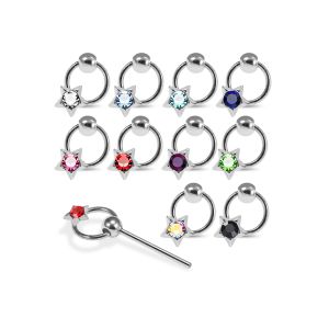 Assortment of rhinestone colors for 925 sterling silver jeweled stellar dangle straight nose studs including clear, aqua, sapphire blue, pink, red, green, AB, and black.