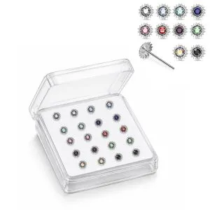 Professional wholesale display box of 925 sterling silver jeweled sunburst rhinestone straight nose studs in assorted colors