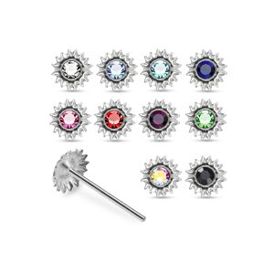 Assortment of rhinestone colors for 925 sterling silver jeweled sunburst straight nose studs including clear, aqua, sapphire blue, pink, red, green, AB, and black.