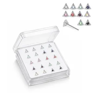 925 Silver Jeweled Triangle Bezel Straight End Nose Stud Box (20pcs / 40pcs)