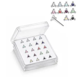 Professional wholesale display box of 925 sterling silver jeweled trinity bead rhinestone straight nose studs in assorted colors.