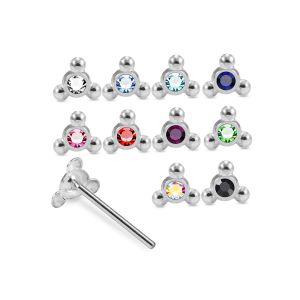 Assortment of rhinestone colors for 925 sterling silver jeweled trinity bead straight nose studs including clear, aqua, sapphire blue, pink, red, green, AB, and black.