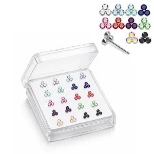 925 Silver Jeweled Trinity Cluster Straight End Nose Stud Box (20pcs / 40pcs)