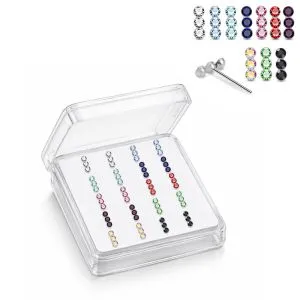 Professional wholesale display box of 925 sterling silver jeweled triple bezel rhinestone straight nose studs in assorted colors.