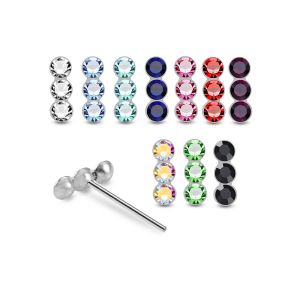 Assortment of rhinestone colors for 925 sterling silver jeweled triple bezel straight nose studs including clear, aqua, sapphire blue, pink, red, green, AB, and black.