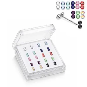 925 Silver Jeweled Twin Bezel Straight End Nose Stud Box (20pcs / 40pcs)