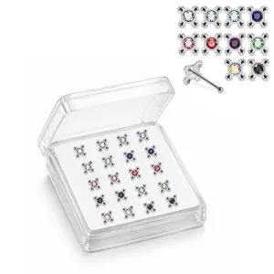 925 Sterling Silver Jeweled Beaded Cross Ball End Nose Stud Box (20pcs/40pcs)