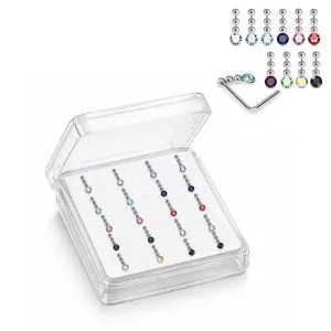 925 Sterling Silver Jeweled Beaded Dangle L-Bend Nose Stud Box (20 Pieces)