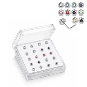 925 Sterling Silver Jeweled Beaded Flower L-Bend Nose Stud Box (20 Pieces)