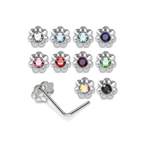 925 Sterling Silver Jeweled Beaded Flower L-Bend Nose Stud Box (20 Pieces)