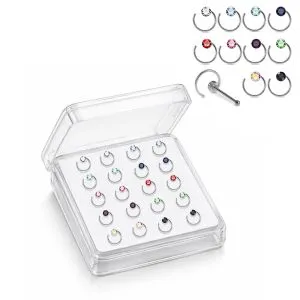 Professional wholesale display box of 925 sterling silver jeweled bezel hoop rhinestone nose bone studs in assorted colors.