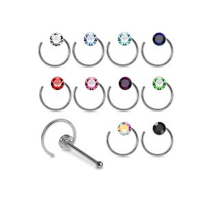 Assortment of rhinestone colors for 925 sterling silver jeweled bezel hoop nose bone studs including clear, aqua, sapphire blue, pink, red, green, AB, and black.