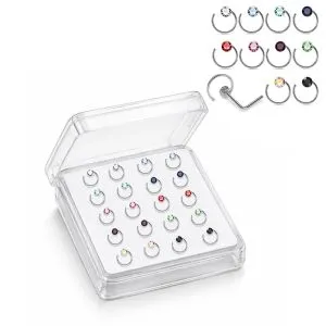 Professional wholesale display box of 925 sterling silver jeweled bezel hoop rhinestone L-shape nose studs in assorted colors.